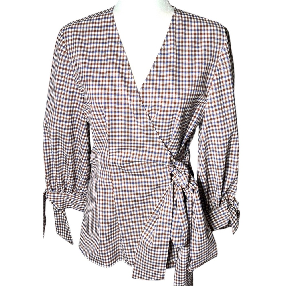 Pearl Lela Rose Chestnut Checked Wool Wrap Blouse NWOT